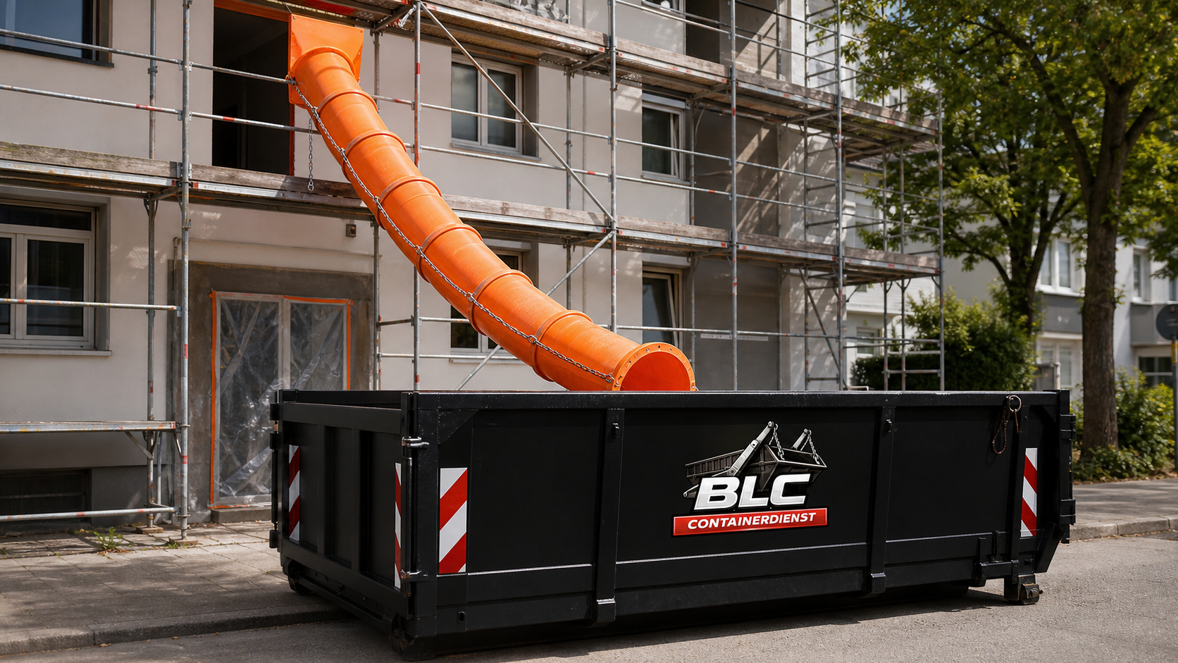 Schuttrutsche führt Bauschutt in einen BLC Container
